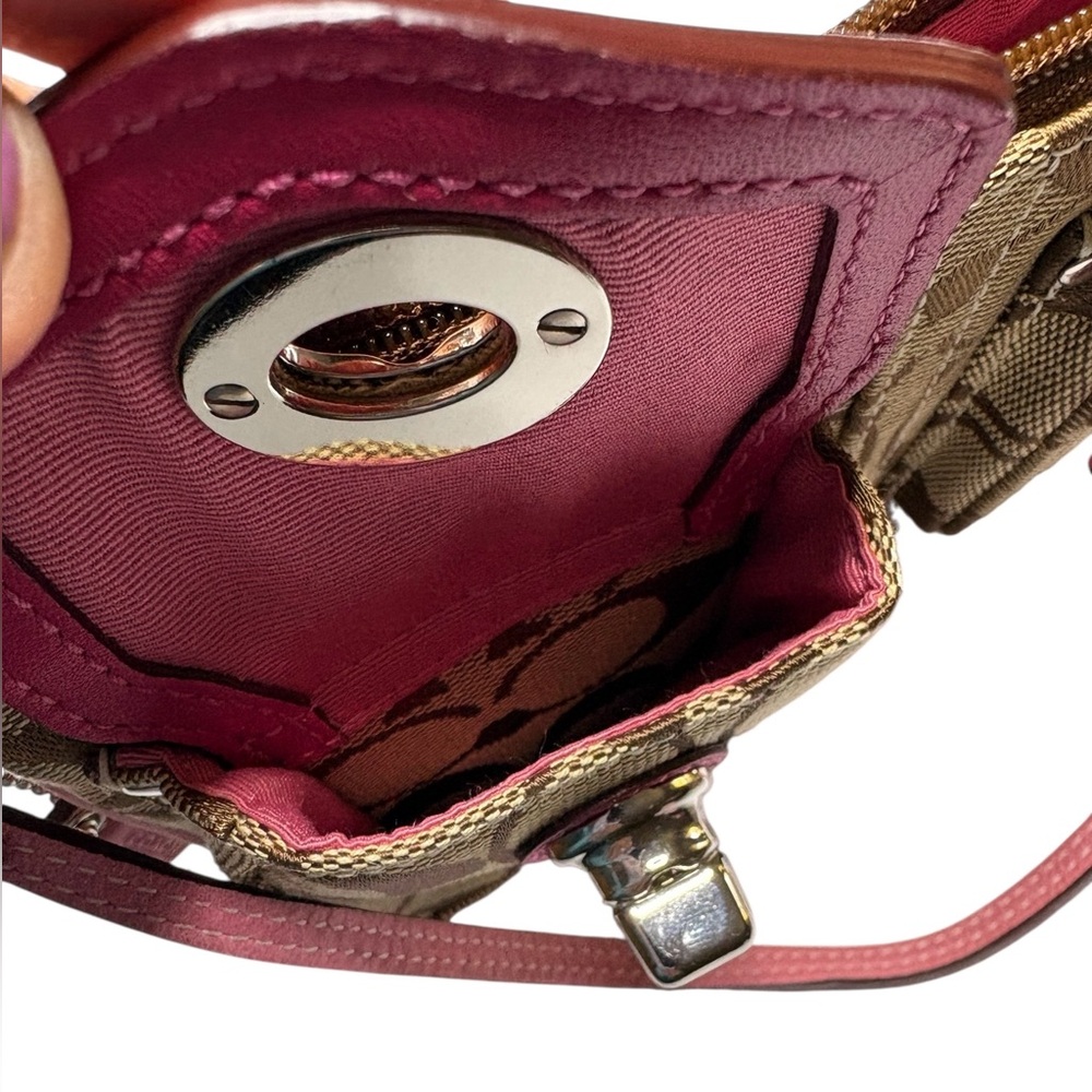 COACH 2005 Signature Double Pocket Wristlet Khaki Pink Trim – Vintage EUC - Picture 8 of 11